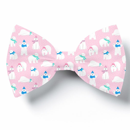 Pink Polar Bear Dog Bow Tie, Winter Pet Neckwear