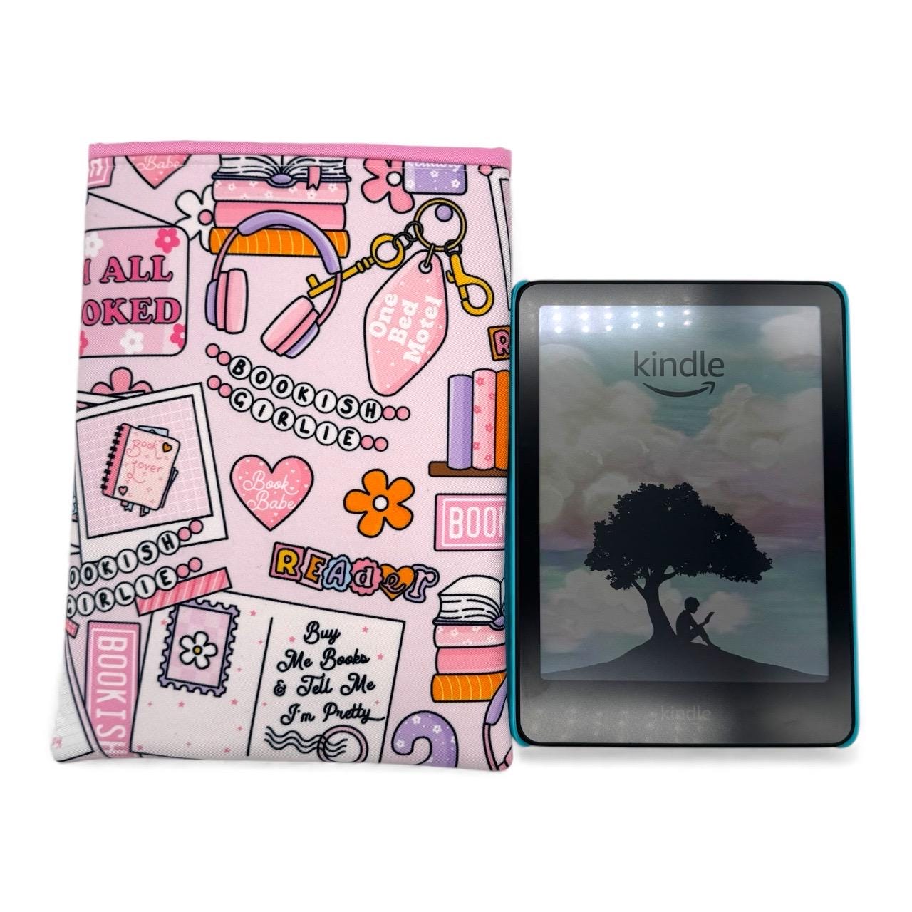 Handmade Kindle Sleeve, Bookish Pink Print, Padded Book Protector