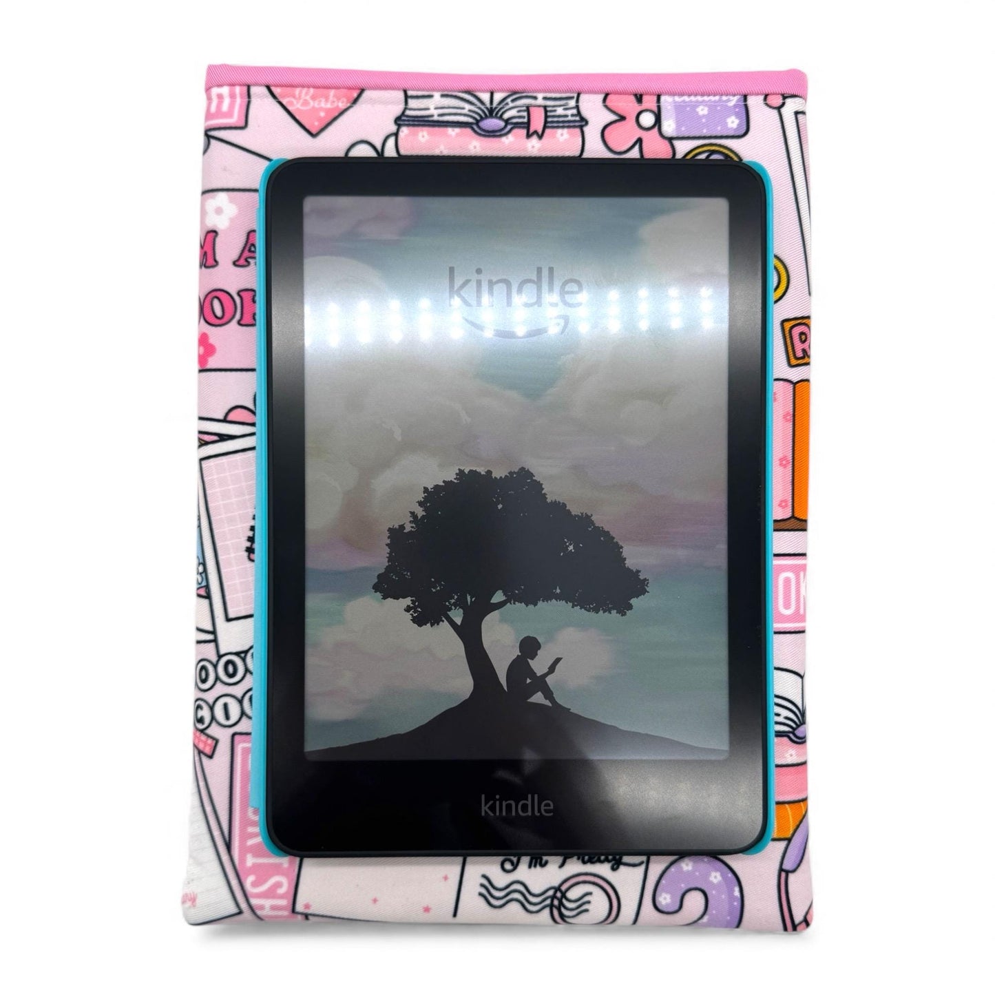 Handmade Kindle Sleeve, Bookish Pink Print, Padded Book Protector