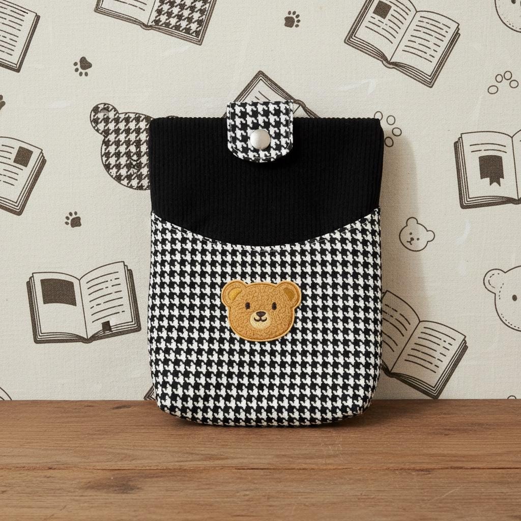 Handmade Kindle Sleeve, Black Corduroy & Houndstooth, Teddy Bear Pocket