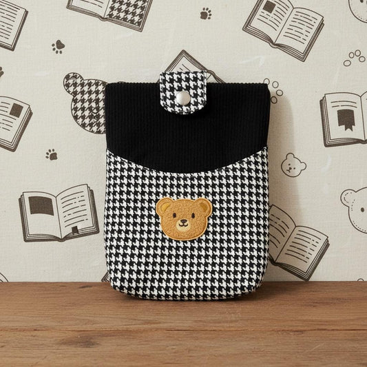 Handmade Kindle Sleeve, Black Corduroy & Houndstooth, Teddy Bear Pocket