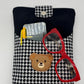 Handmade Kindle Sleeve, Black Corduroy & Houndstooth, Teddy Bear Pocket