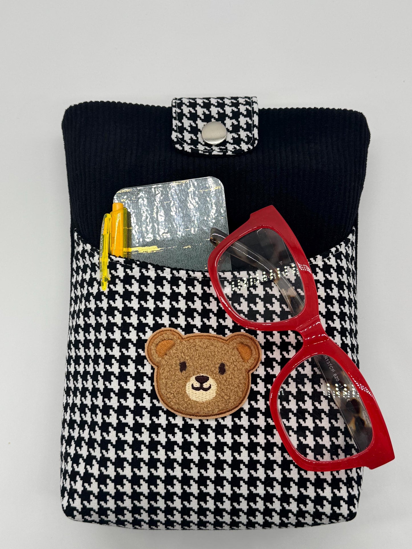 Handmade Kindle Sleeve, Black Corduroy & Houndstooth, Teddy Bear Pocket