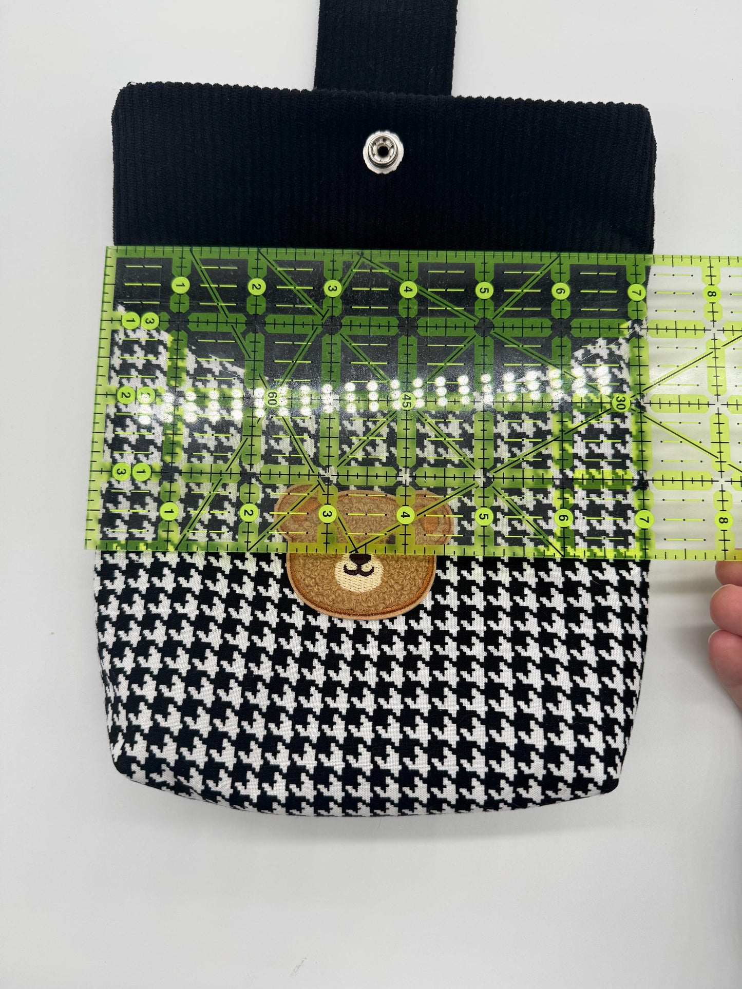 Handmade Kindle Sleeve, Black Corduroy & Houndstooth, Teddy Bear Pocket
