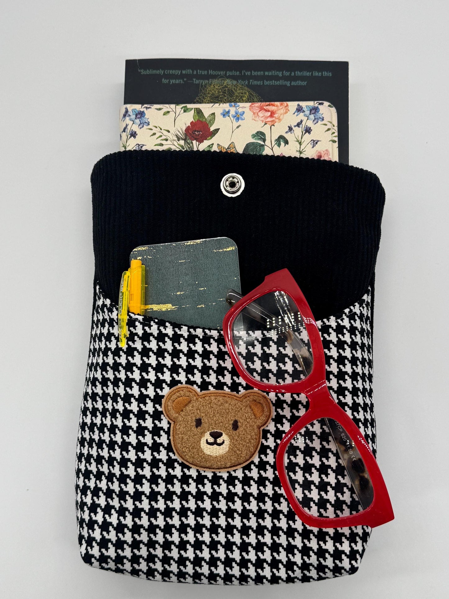 Handmade Kindle Sleeve, Black Corduroy & Houndstooth, Teddy Bear Pocket