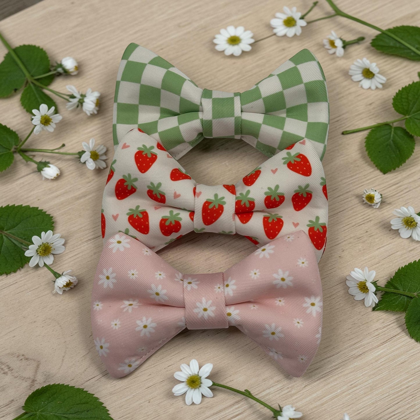 Strawberry, Checkered, Daisy, Spring, Pet Bow Tie Collar, 3 Pack